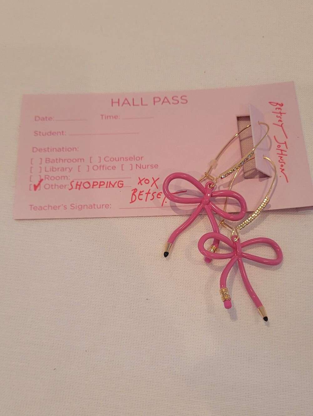 Betsey Johnson Pink Pencil Bow Dangle Earrings - Picture 2 of 3